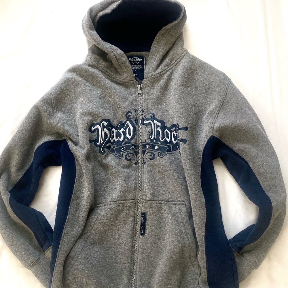 Hard Rock Cafe Gray and Blue Hoodie with Graphic Design